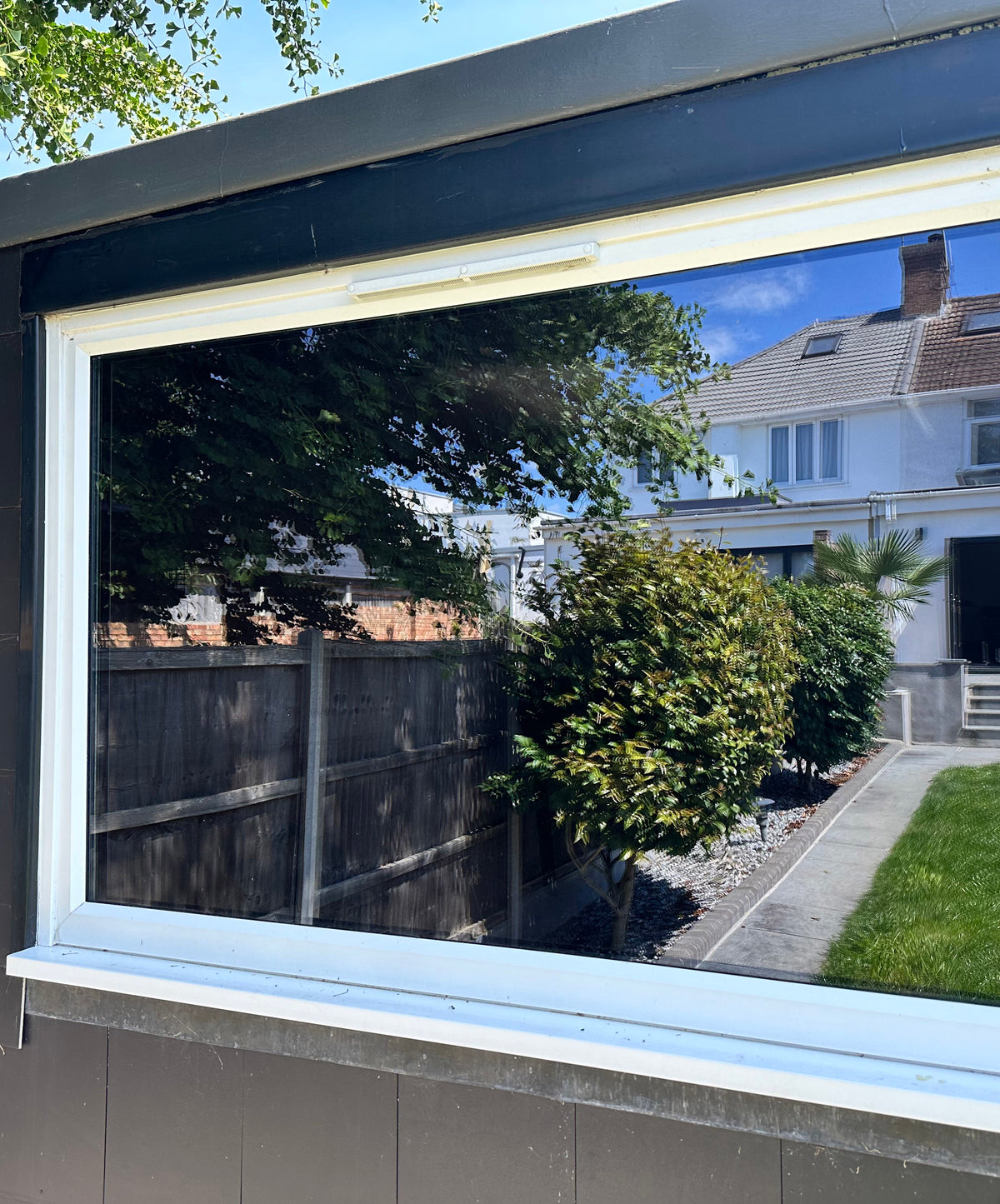 The window of a garden room on a sunny day; the window has had tinted glare reduction window film applied