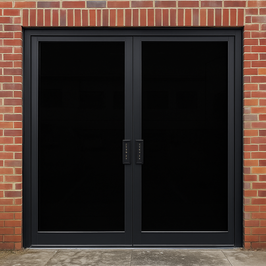 Blackout film applied to the glass doors at the entrance to a modern office building