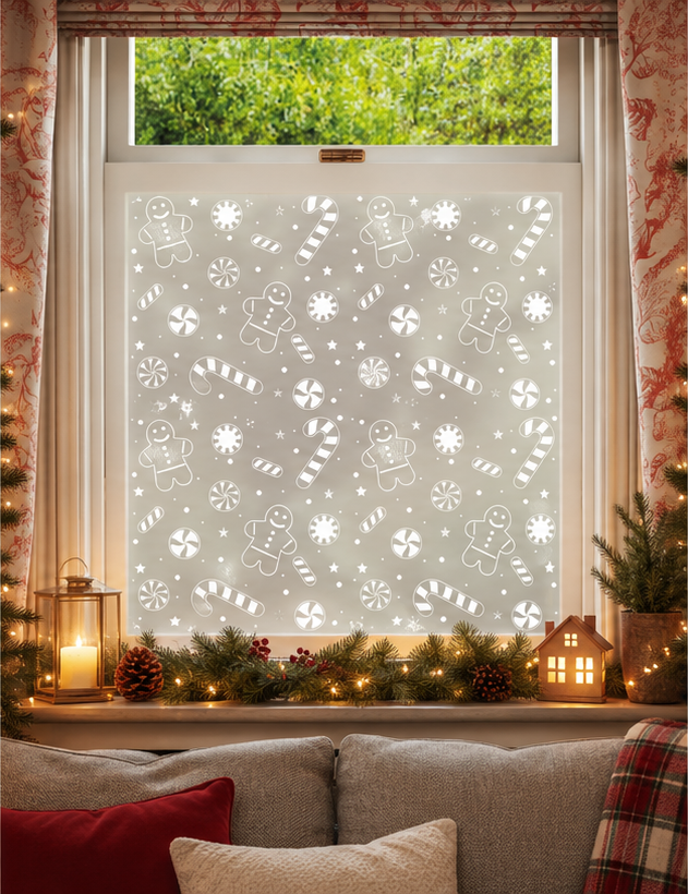 Frosted Christmas window decals with gingerbread men, candy canes, snowflakes, and stars shown on a window in a cozy, warmly lit living room setting.