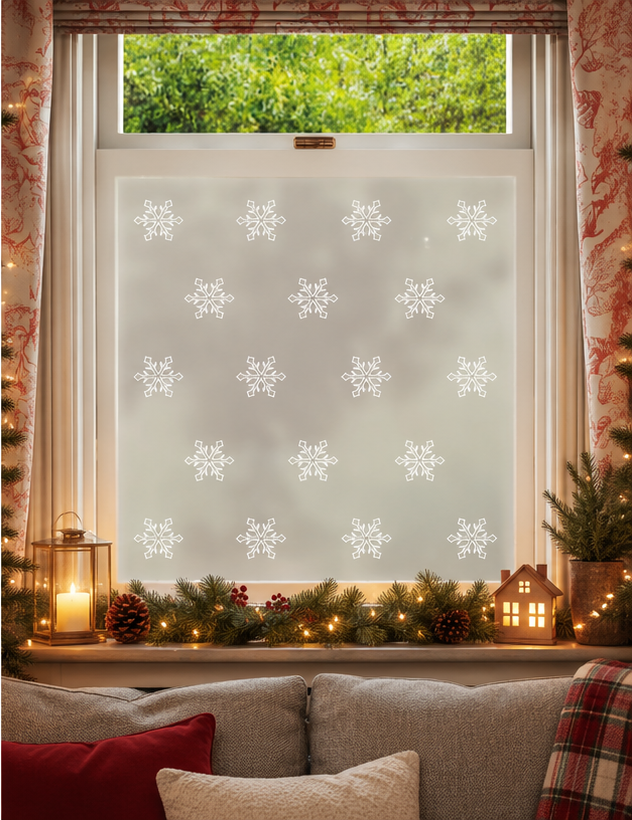 Frosted window film with a repeating white snowflake pattern, shown installed on a window in a cozy, decorated living room with a sofa, candles, pine garland, and holiday lights.