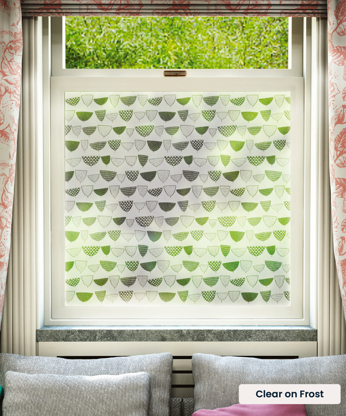 Allsorts pattern by MissPrint in clear print on frosted window film.