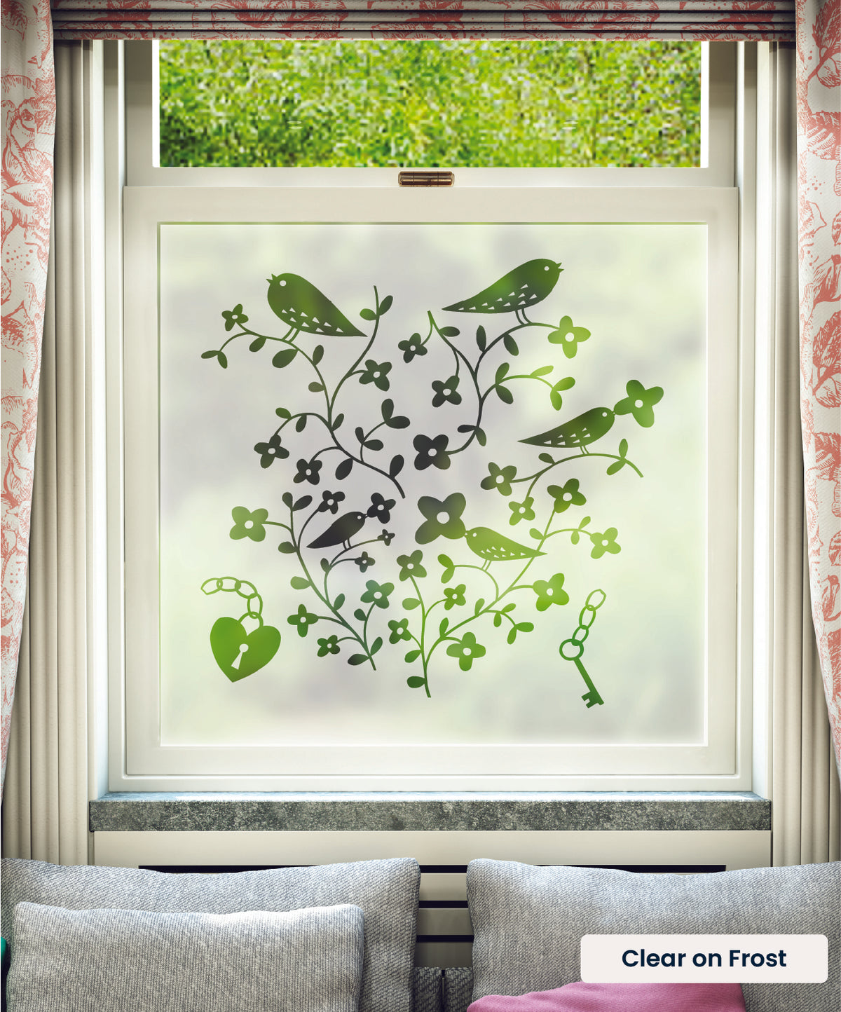 Bird Pattern illustration by Rob Ryan in clear print on frosted window film.