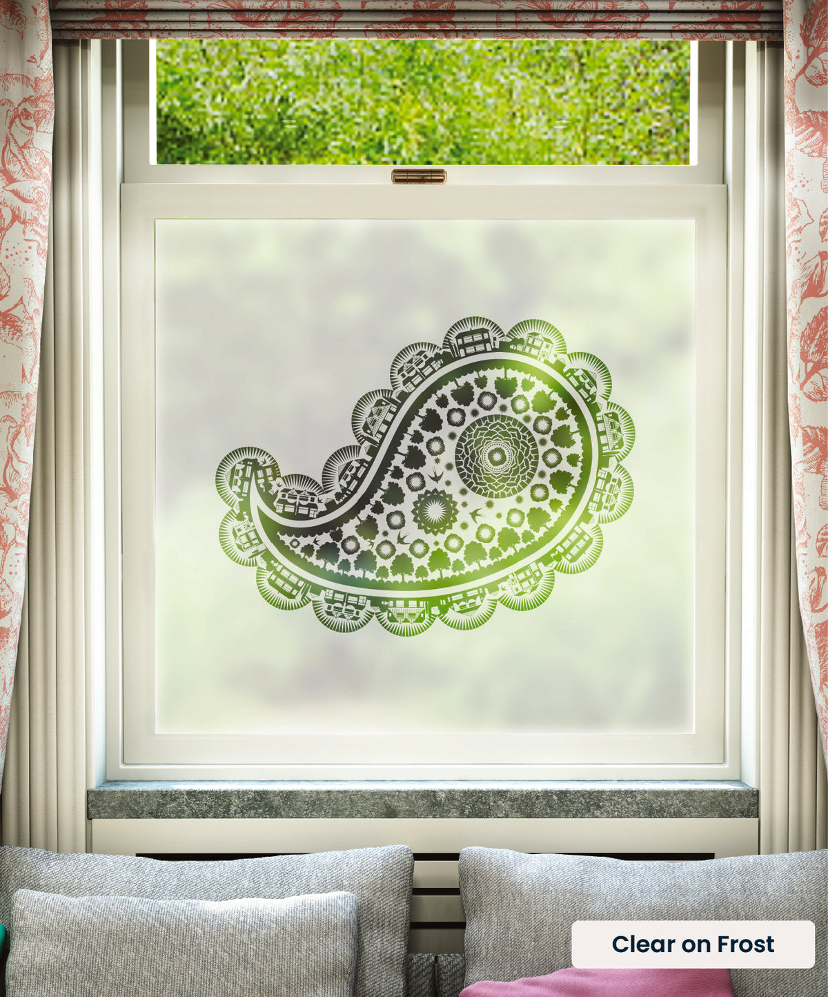Buddha of Suburbia Indian paisley pattern by Mini Moderns in clear print on frosted window film.