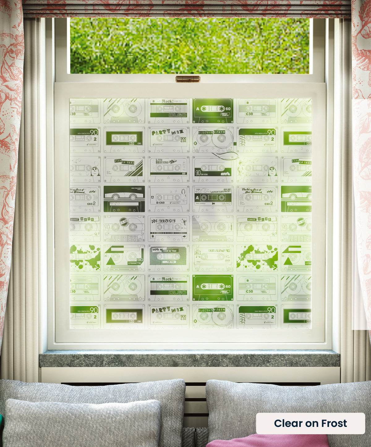 C-60 cassette tapes pattern by Mini Moderns in clear print on frosted window film.
