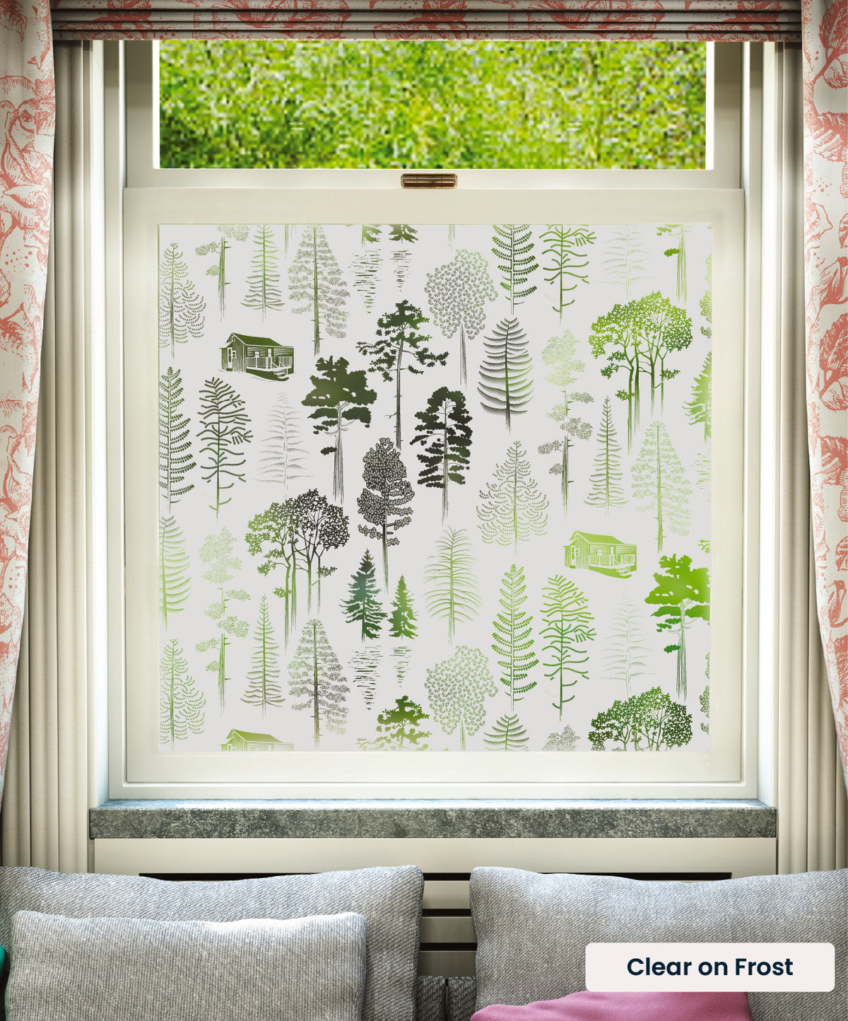 Catskills trees pattern by Mini Moderns in clear print on frosted window film.