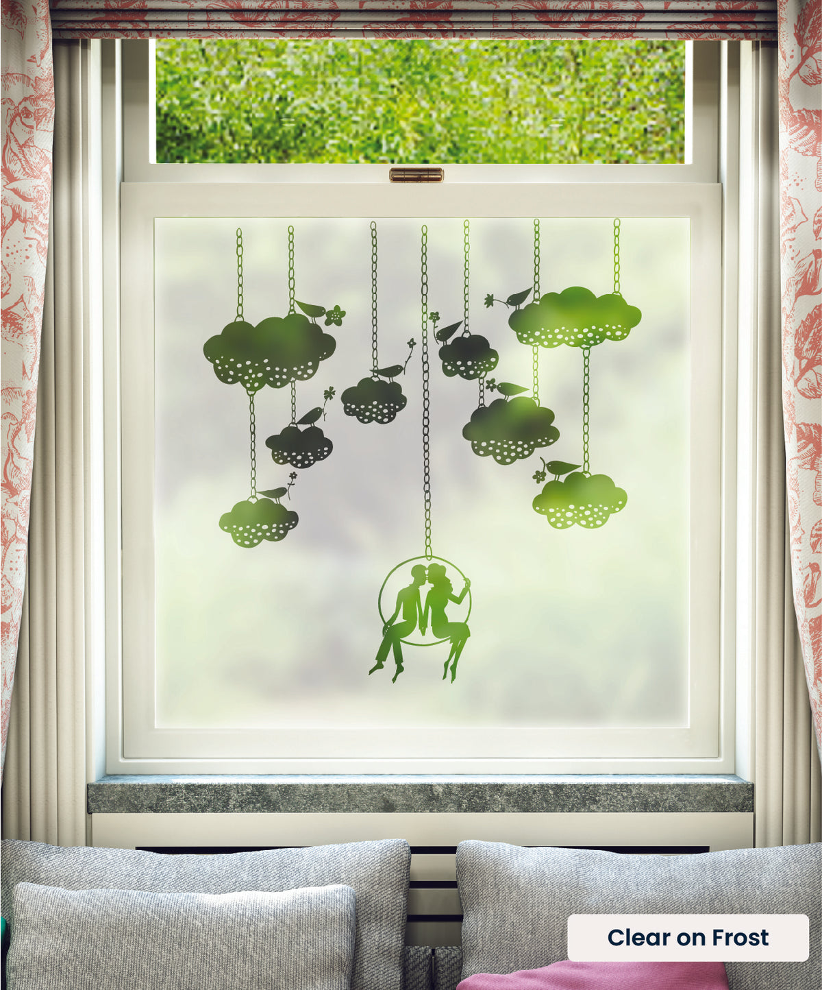 Chain and Clouds illustration by Rob Ryan in clear print on frosted window film.