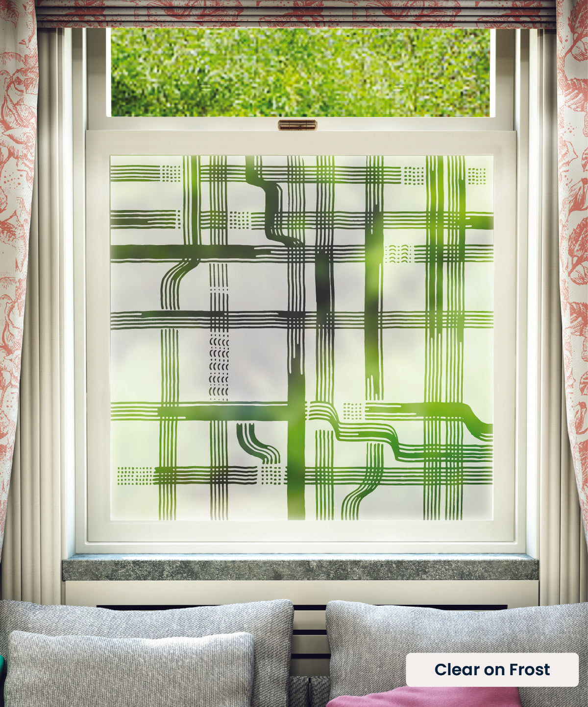 Check geometric abstract pattern by Kate Farley in clear print on frosted window film.