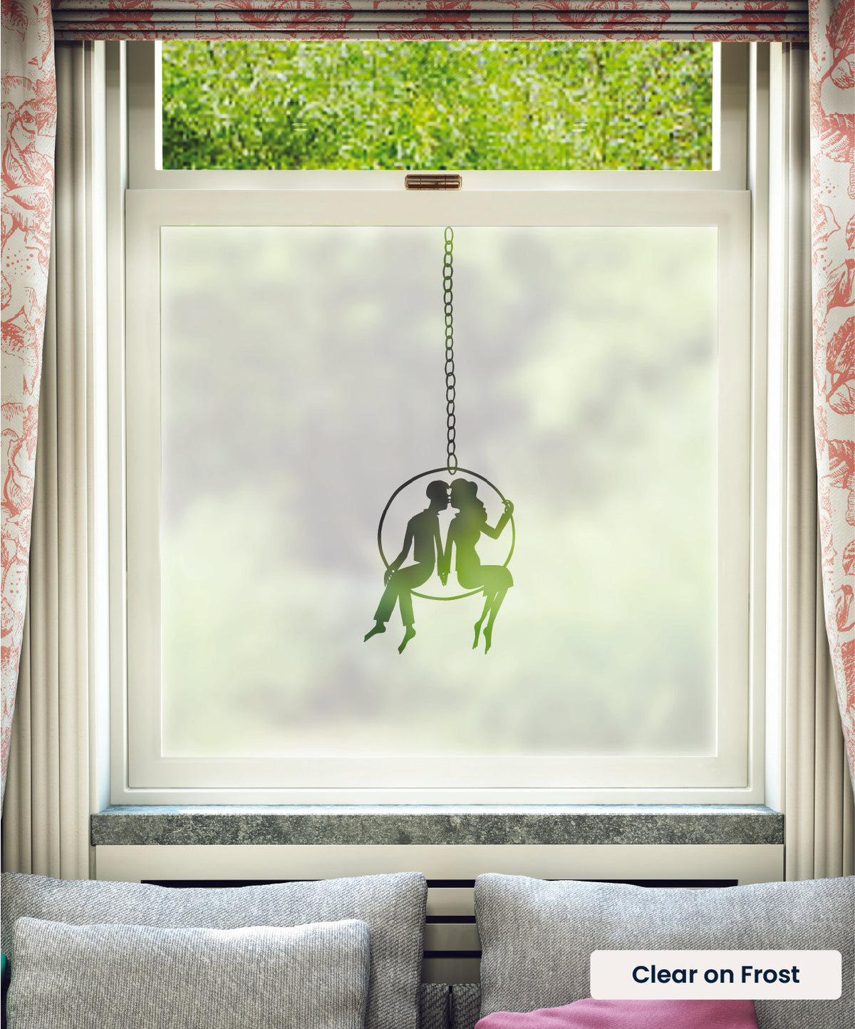 Couple in a Hoop illustration by Rob Ryan in clear print on frosted window film.