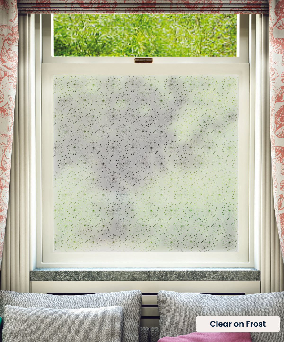Ditsy Dandelion pattern by MissPrint in clear print on frosted window film.