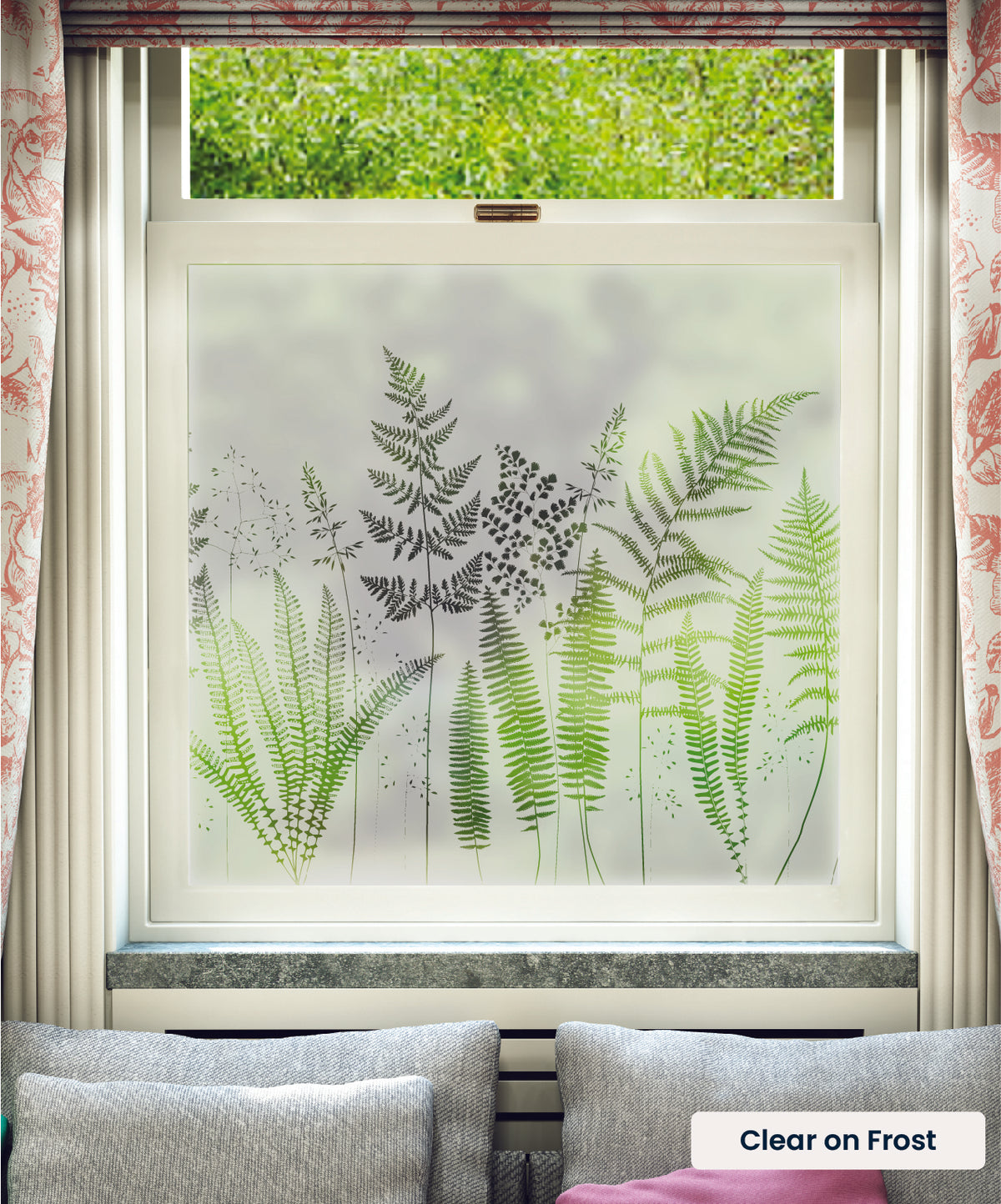 Fern leaves pattern by Hannah Nunn in clear print on frosted window film.