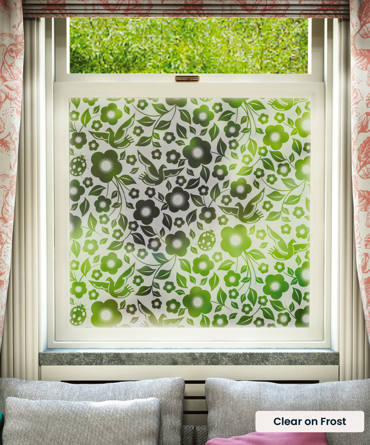 Folk Rock flower pattern by Mini Moderns in clear print on frosted window film.