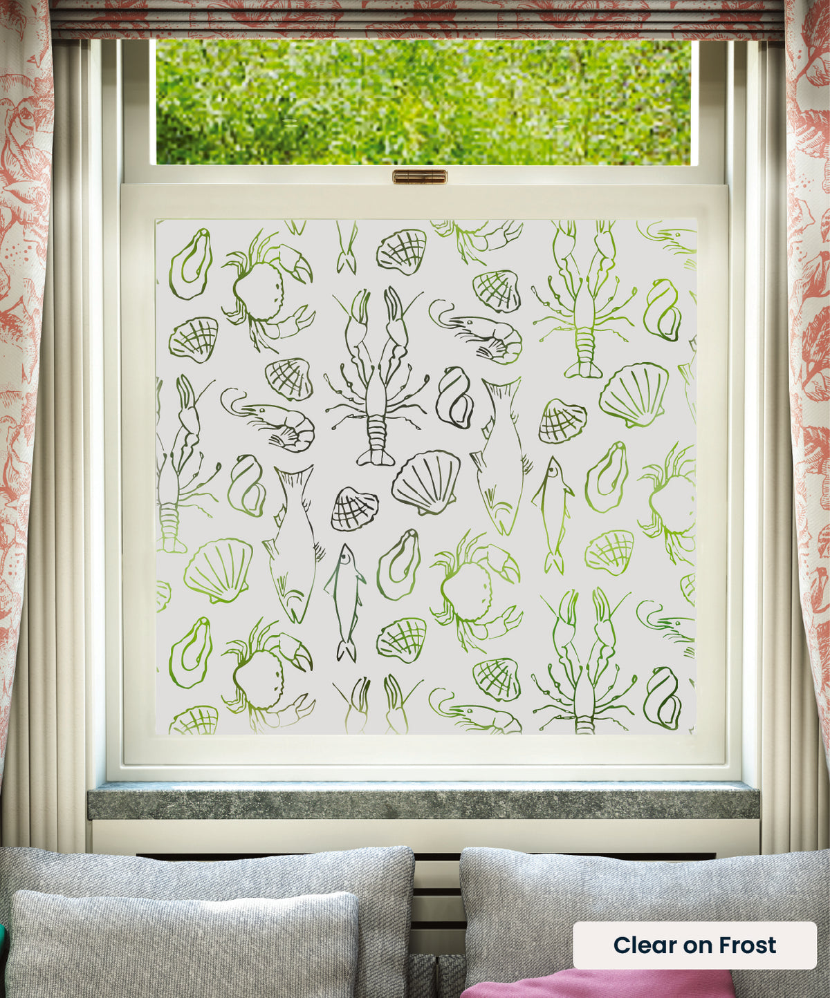 Frutti di Mare seafood pattern by Mini Moderns in clear print on frosted window film.