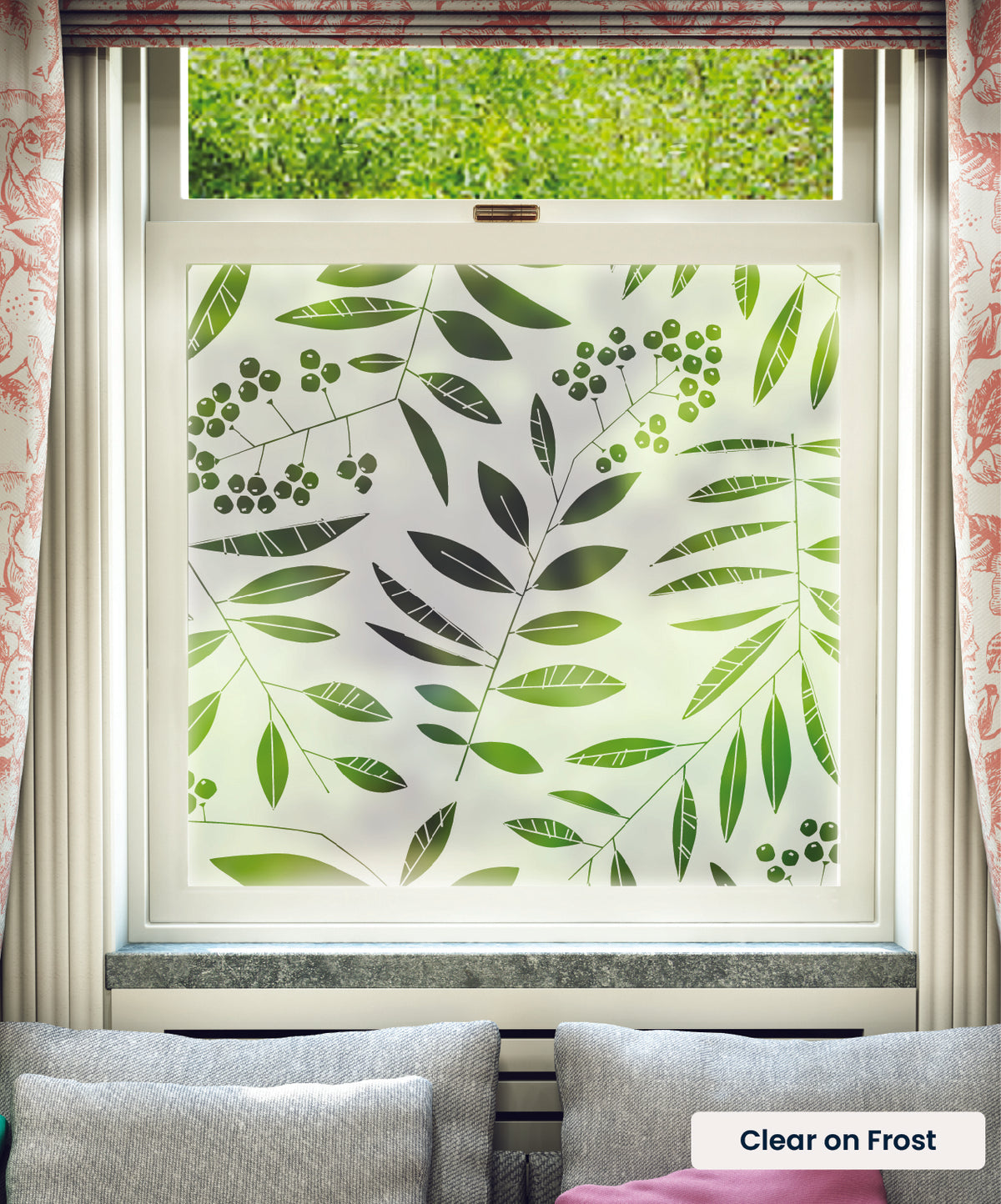 Grand Leaf Berry pattern by MissPrint in clear print on frosted window film.