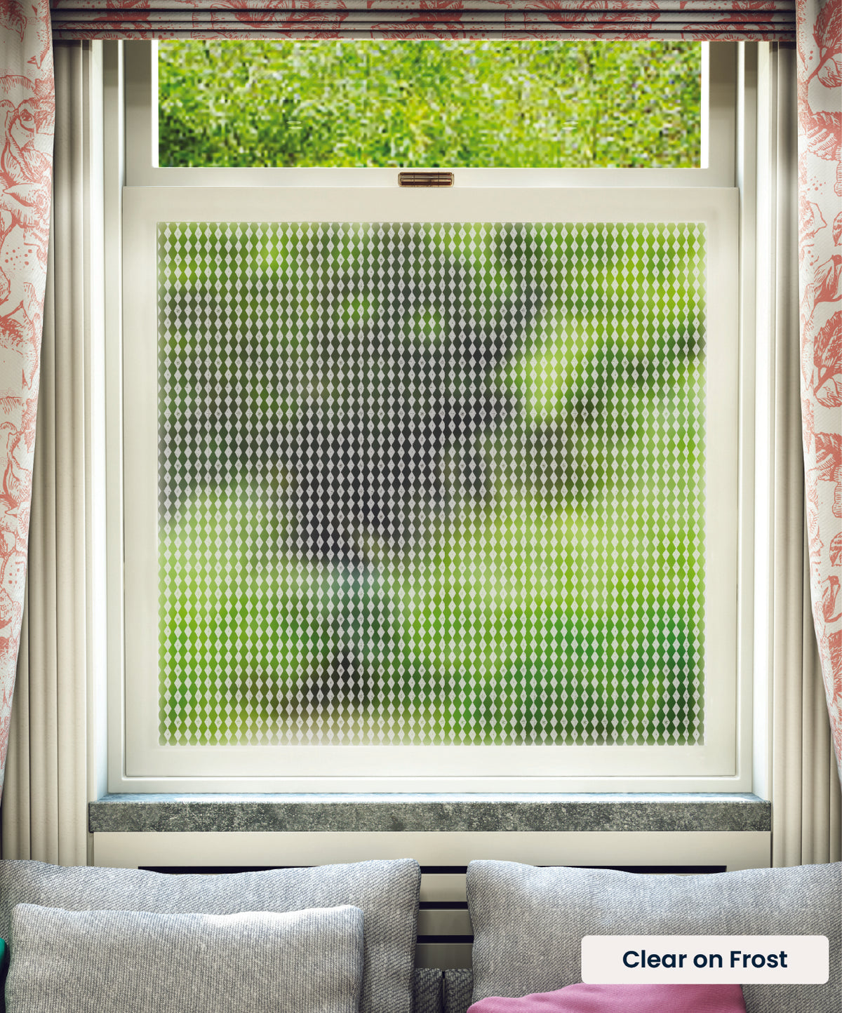 Harlequin geometric abstract pattern by Kate Farley in clear print on frosted window film.
