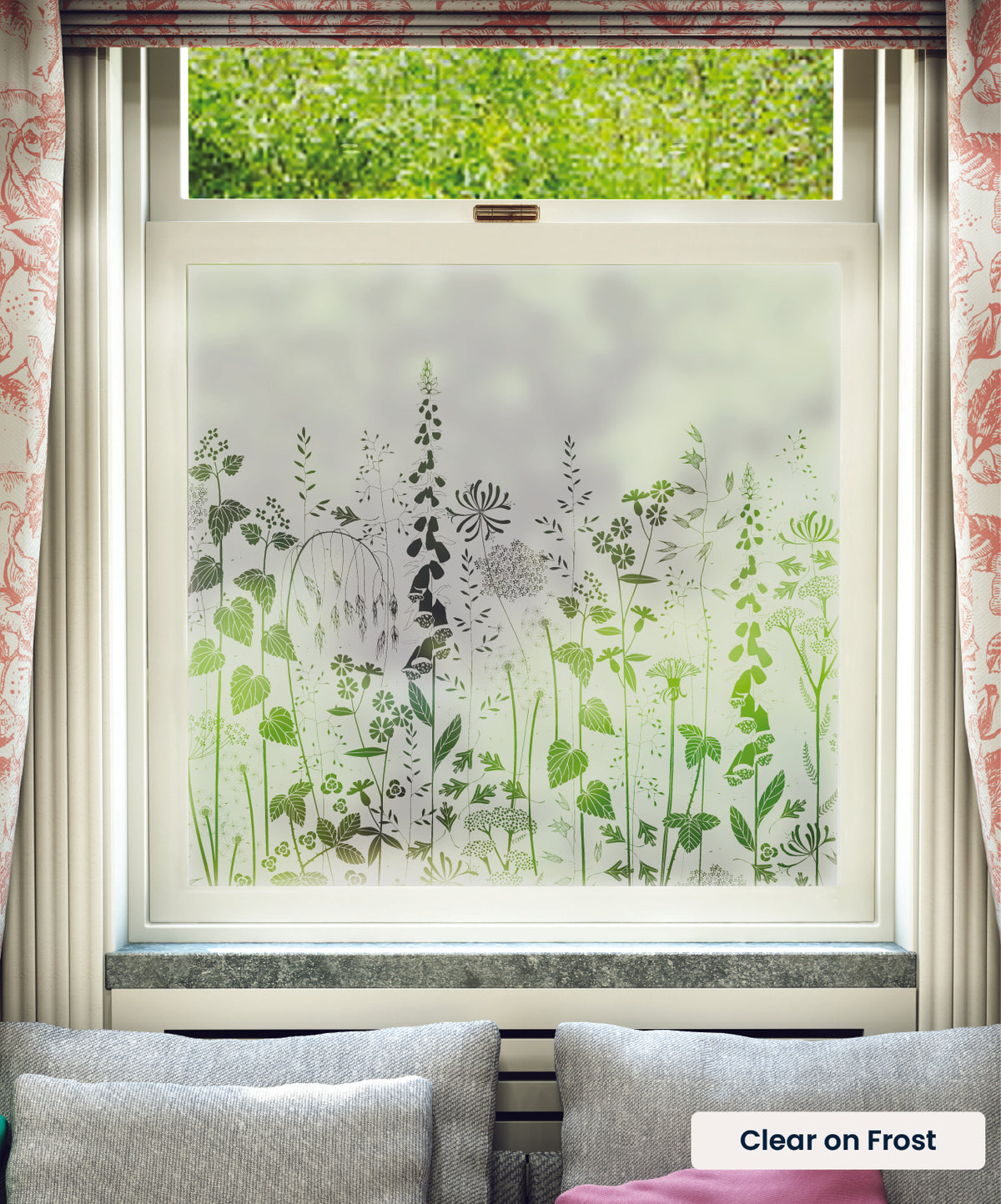 Hedgerow hedgerow plants pattern by Hannah Nunn in clear print on frosted window film.