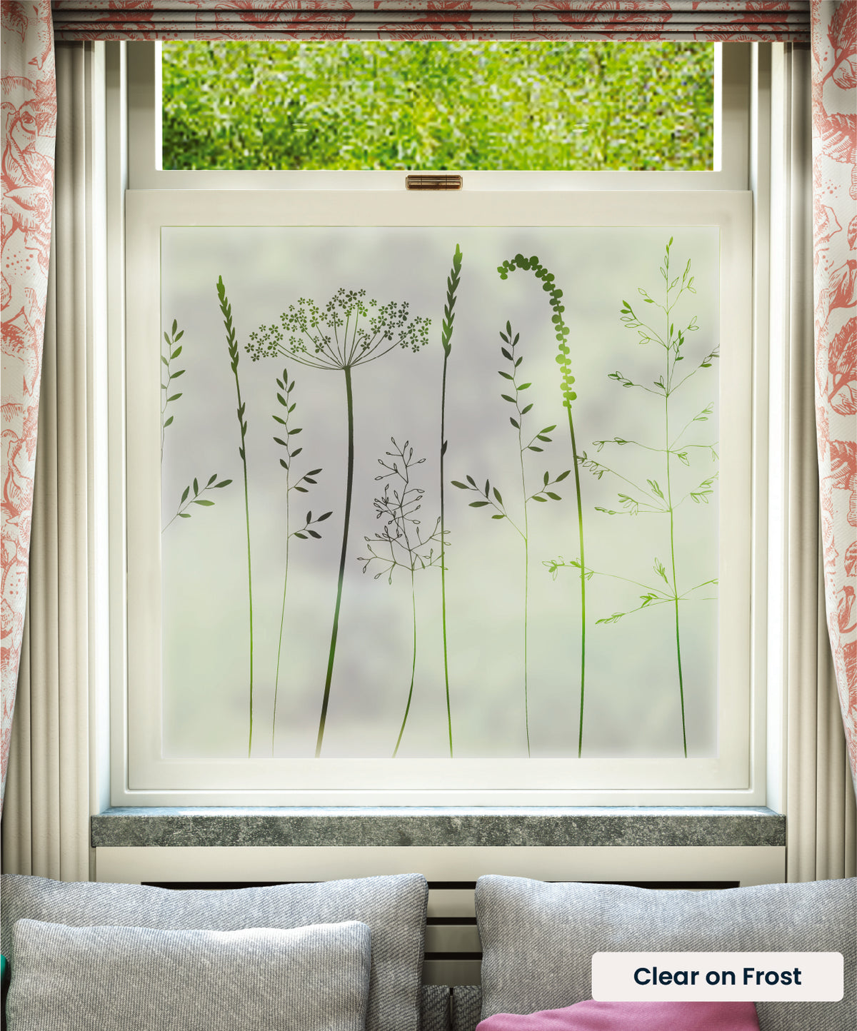 In the Tall Grass flowers and grasses pattern by Hannah Nunn in clear print on frosted window film.