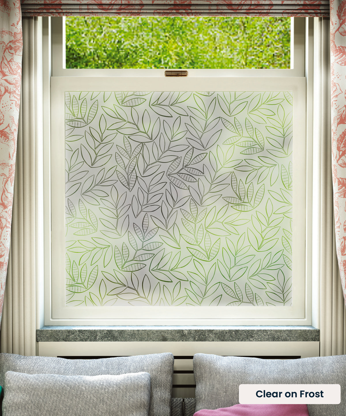Laurus pattern by MissPrint in clear print on frosted window film.