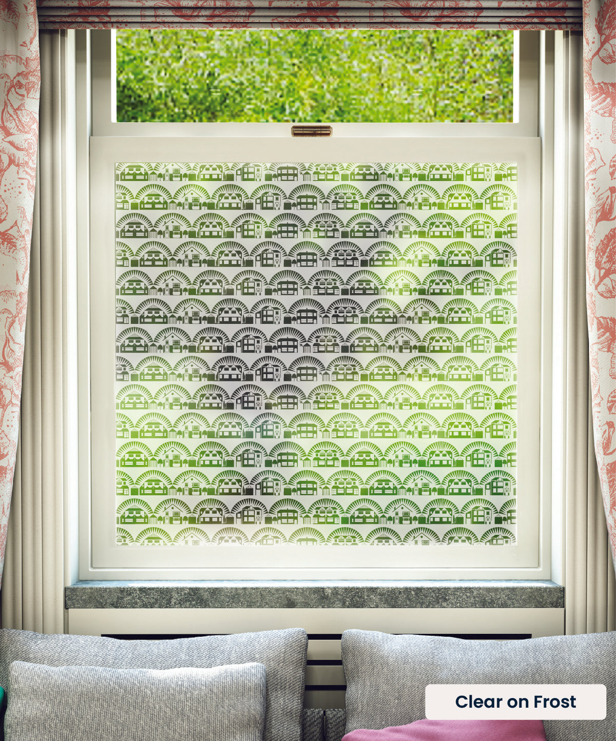 Metroland retro houses pattern by Mini Moderns in clear print on frosted window film.