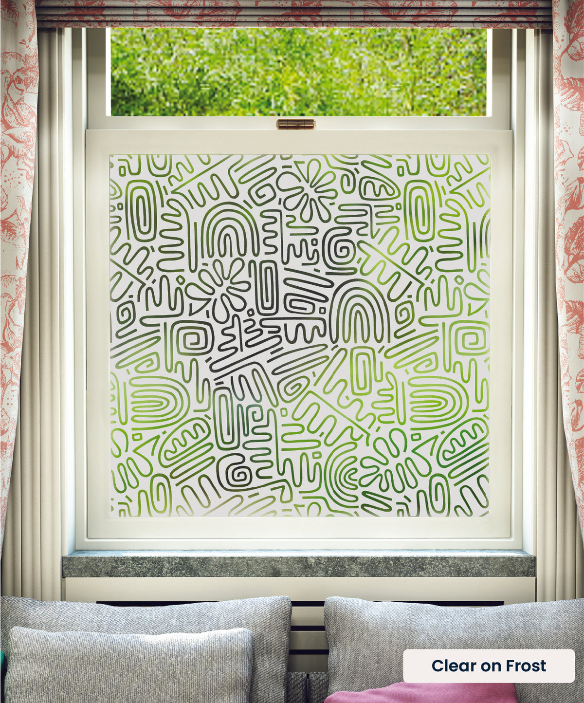 Nazca pattern by MissPrint in clear print on frosted window film.
