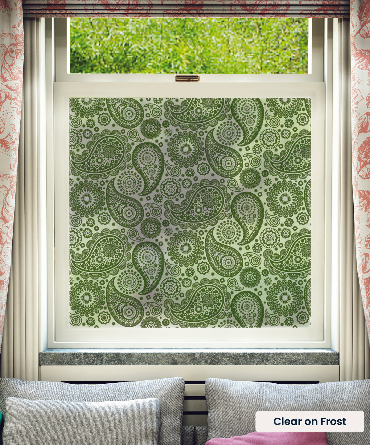 Paisley Crescent Indian paisley pattern by Mini Moderns in clear print on frosted window film.
