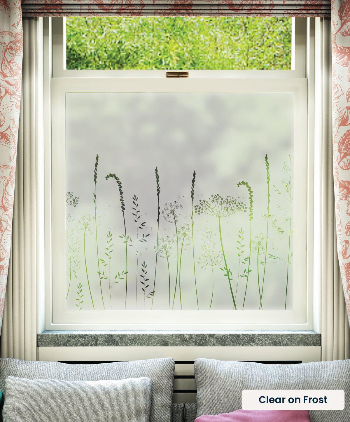 Paper Meadows Edge delicate flowers pattern by Hannah Nunn in clear print on frosted window film.