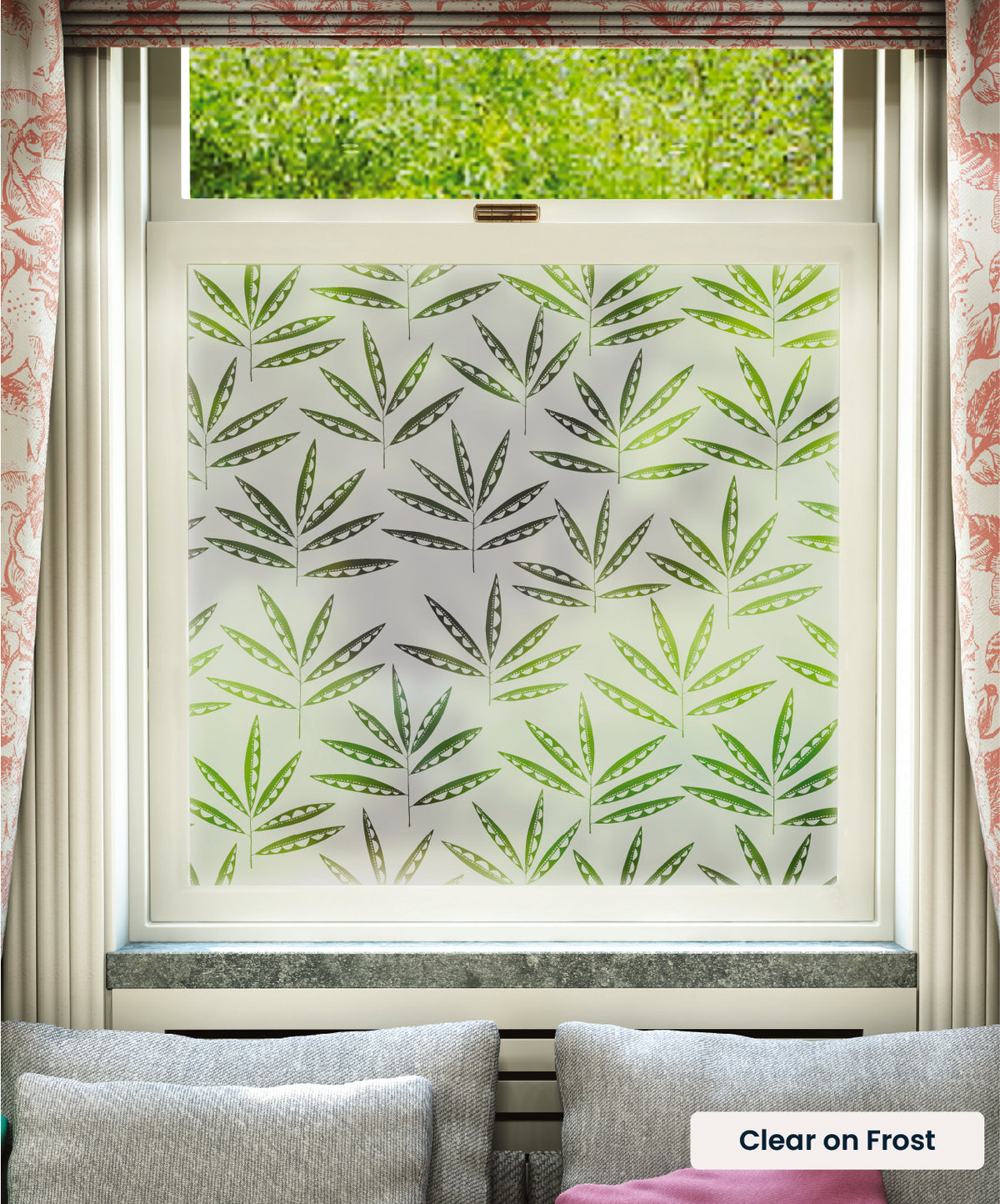 Pea Pods pattern by MissPrint in clear print on frosted window film.