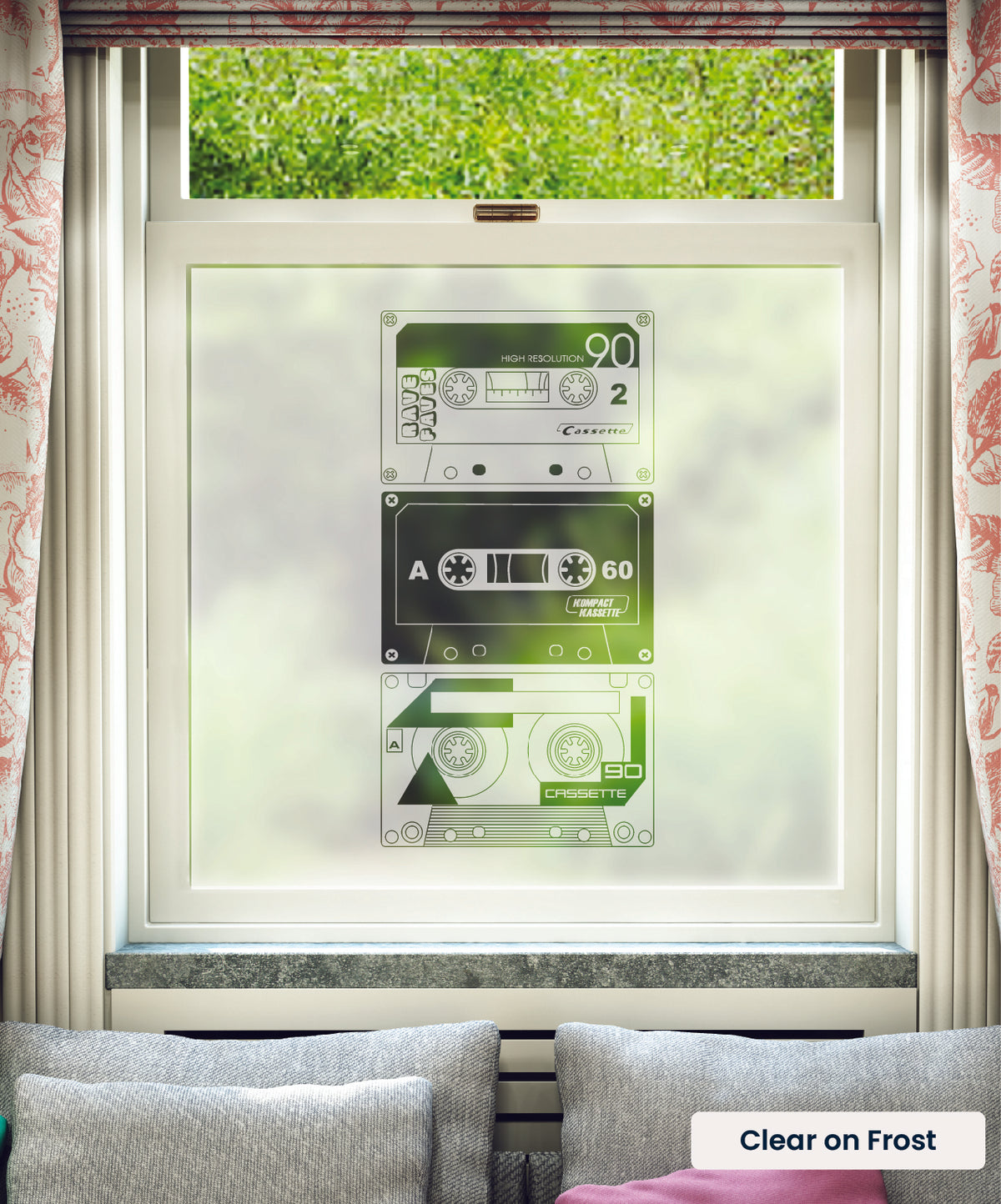 Record/Play cassette tape pattern by Mini Moderns in clear print on frosted window film.