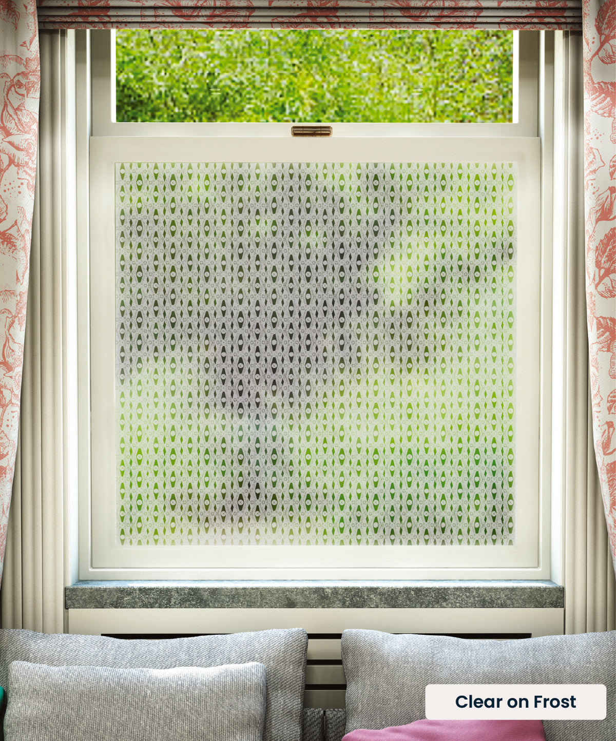 Ribbon geometric abstract pattern by Kate Farley in clear print on frosted window film.