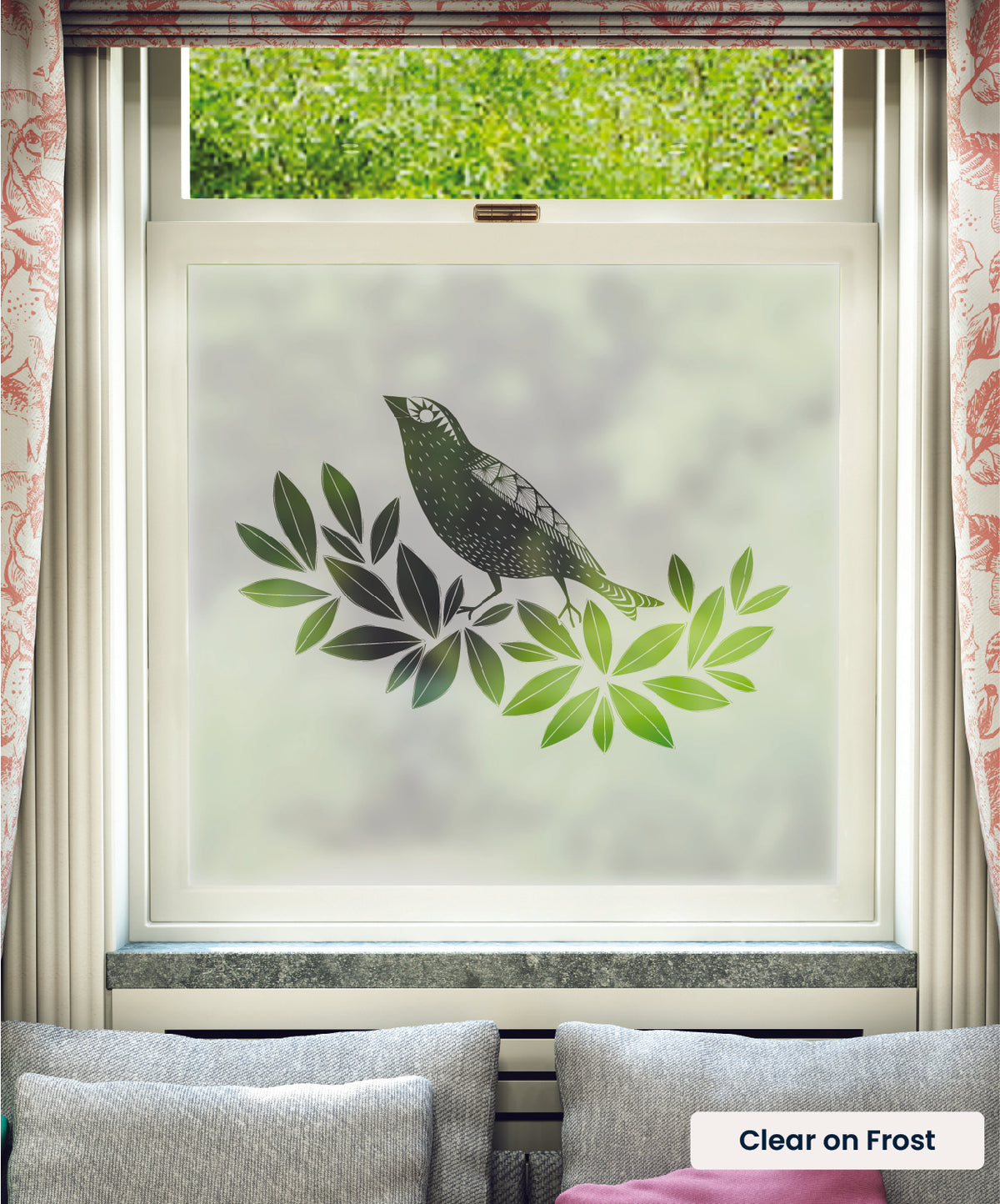 Songbird pattern by MissPrint in clear print on frosted window film.