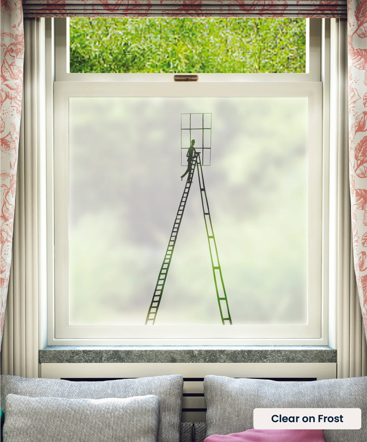 Step Ladder illustration by Rob Ryan in clear print on frosted window film.