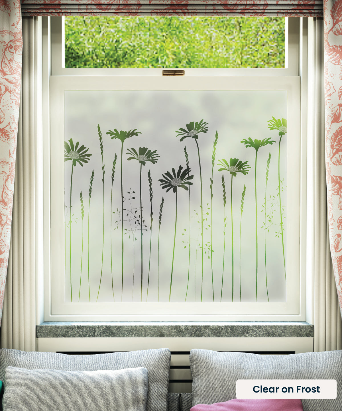 Tall Daisies flower pattern by Hannah Nunn in clear print on frosted window film.