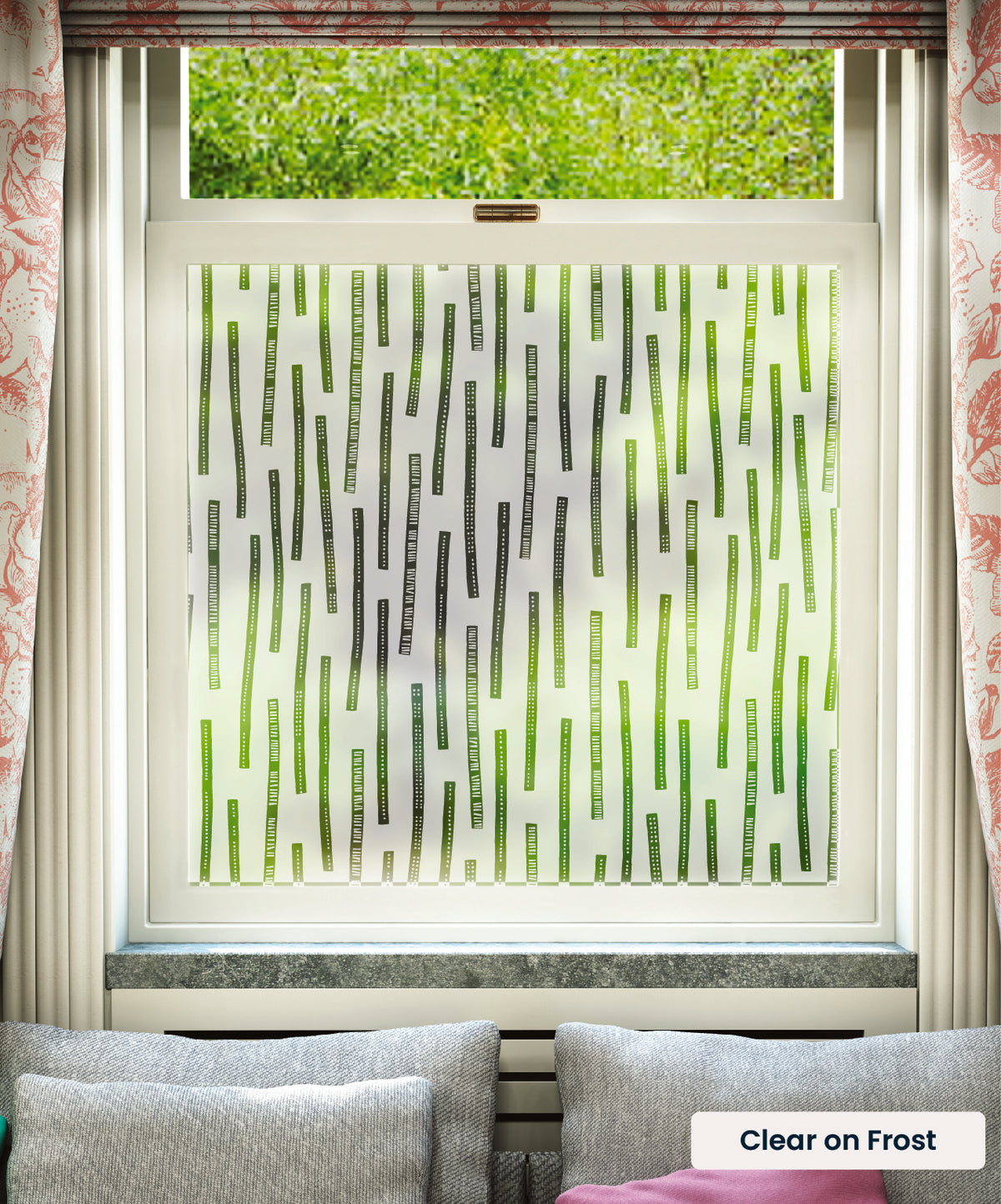 Telegram pattern by MissPrint in clear print on frosted window film.