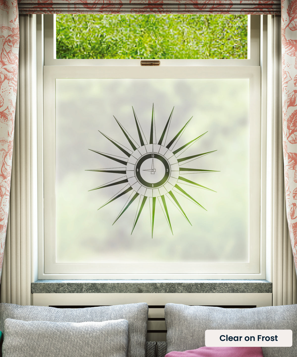 Tick Tock mid century clock pattern by Mini Moderns in clear print on frosted window film.