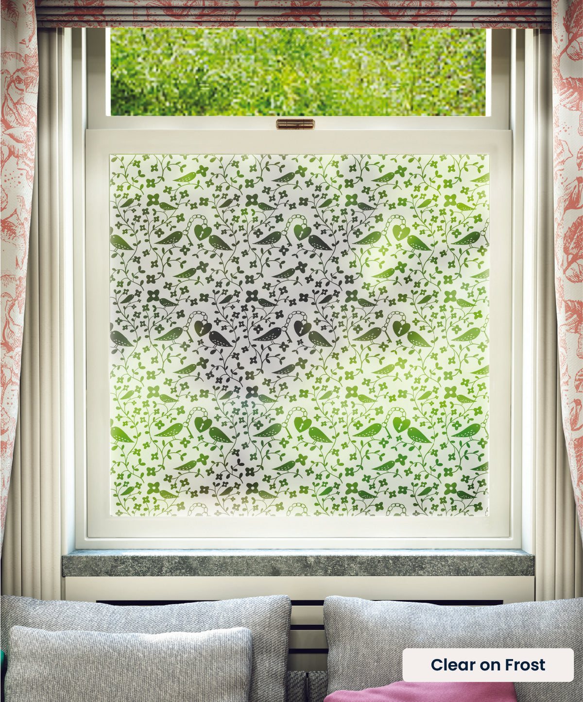 Tiled Bird Pattern illustration by Rob Ryan in clear print on frosted window film.