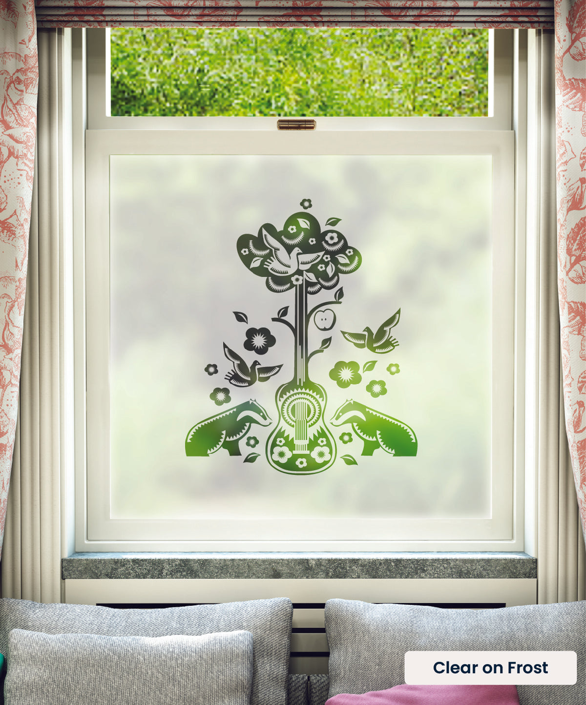 Tree Guitar guitar and nature pattern by Mini Moderns in clear print on frosted window film.