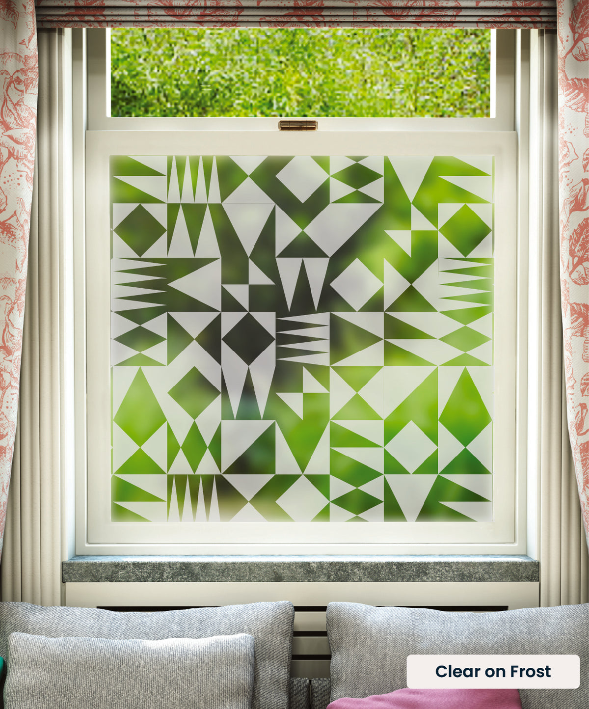 Triangulate geometric abstract pattern by Kate Farley in clear print on frosted window film.