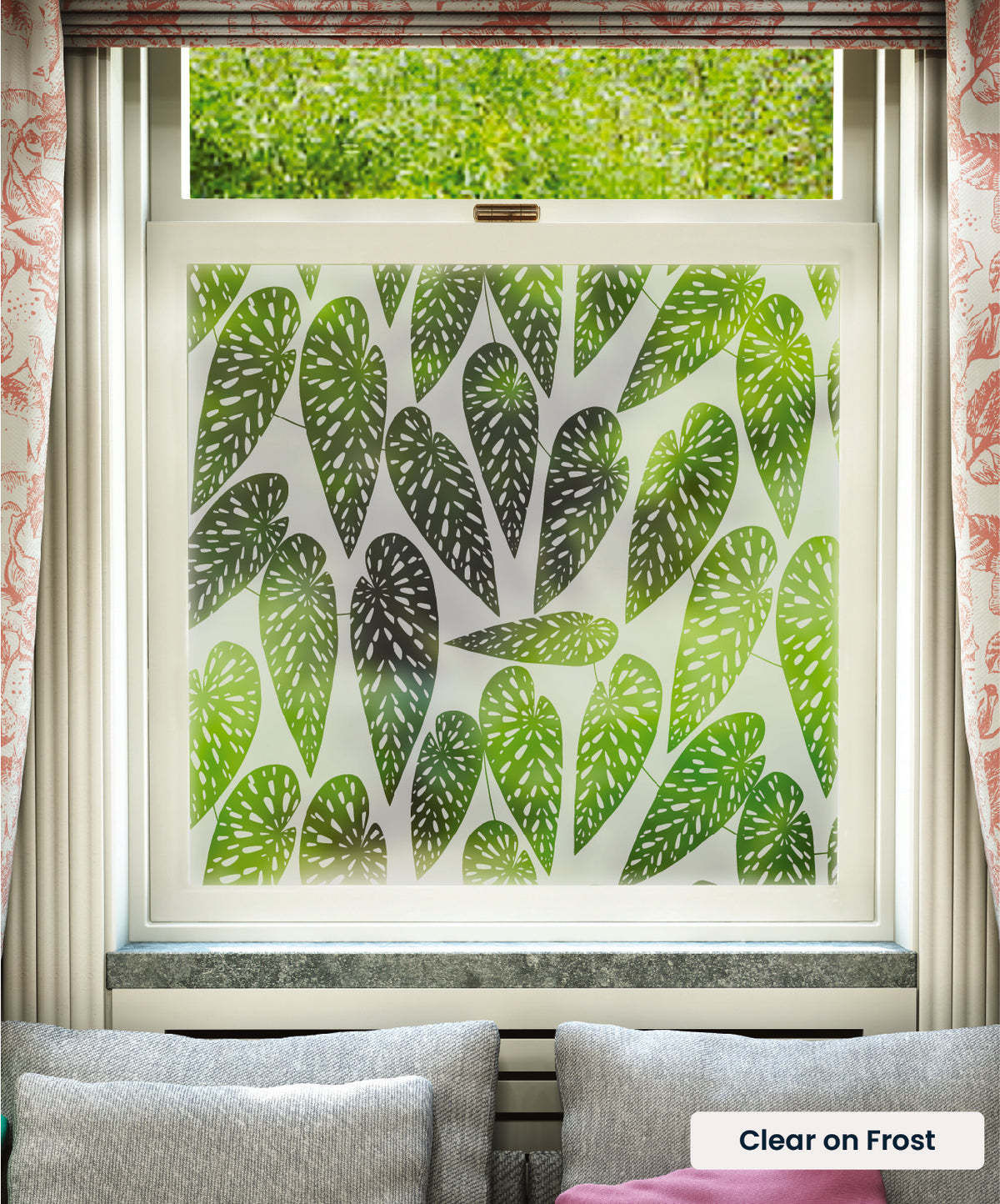Tropics pattern by MissPrint in clear print on frosted window film.