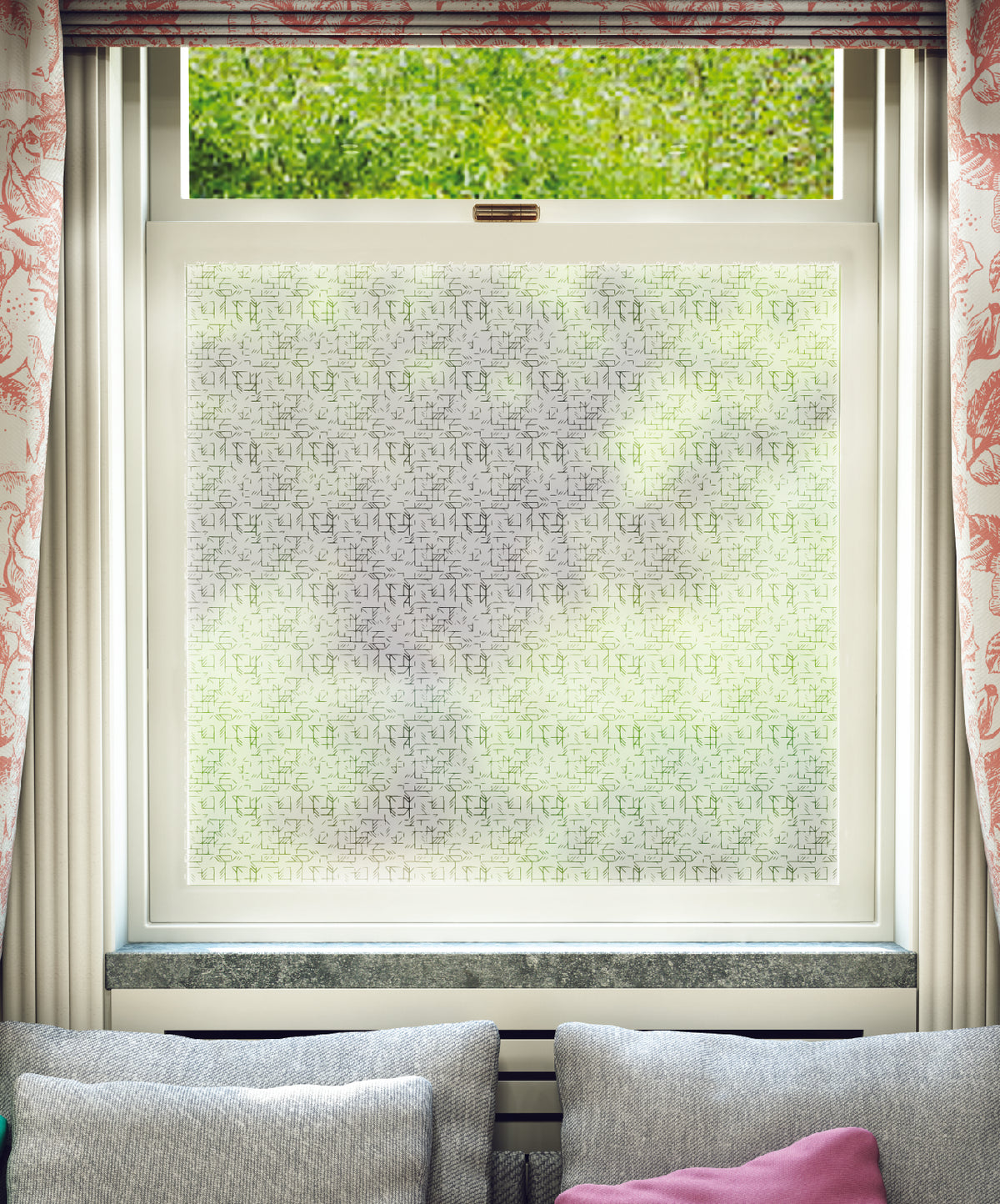 Twill geometric abstract pattern by Kate Farley in clear print on frosted window film.