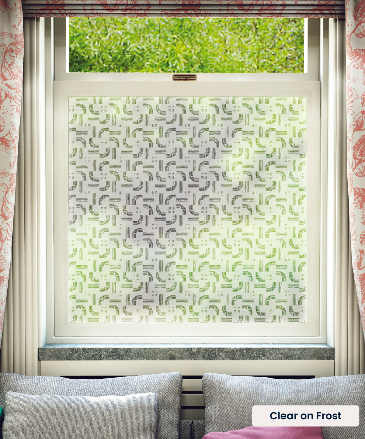 Twist geometric abstract pattern by Kate Farley in clear print on frosted window film.