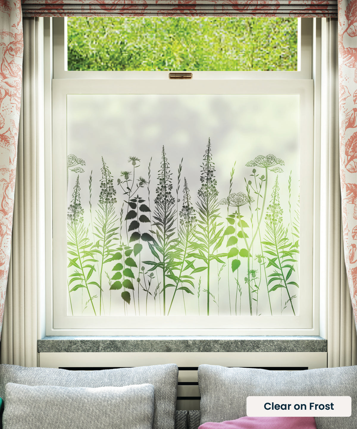 Wild Edge wild flowers pattern by Hannah Nunn in clear print on frosted window film.
