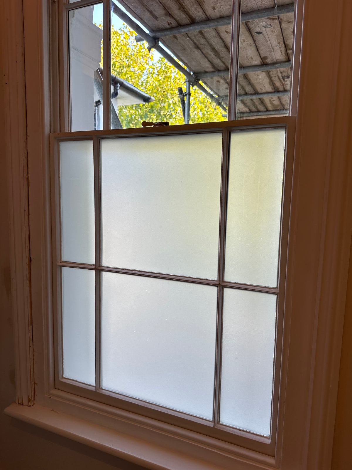 Window with frosted window film applied to to the  bottom six glass panels and a view of trees outside