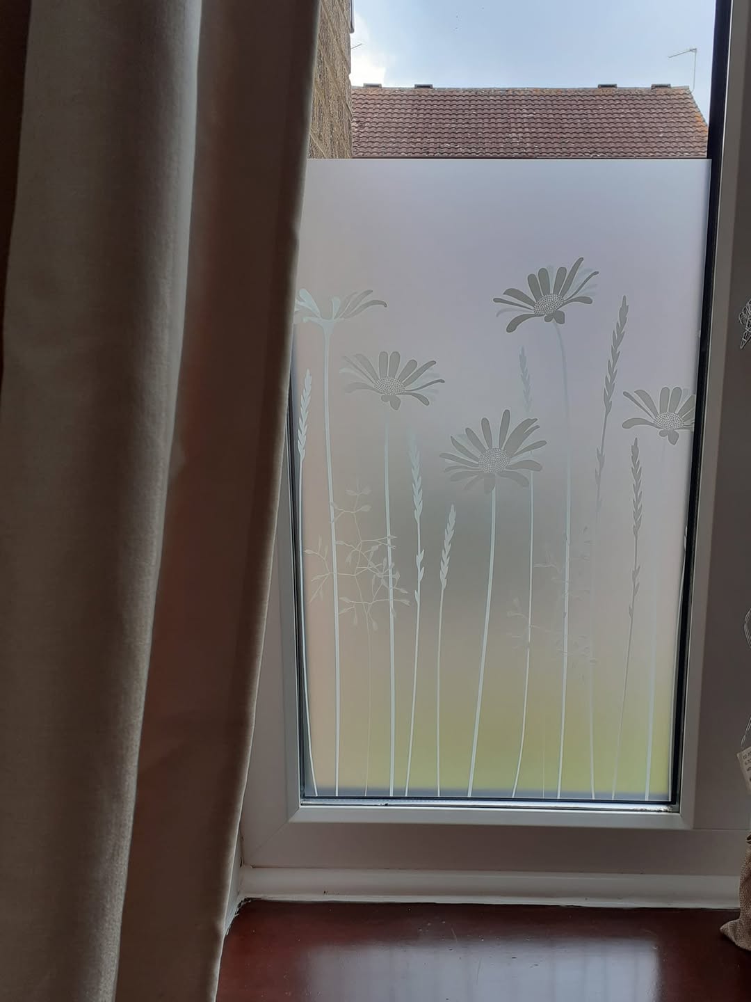 Window in a residential property featuring a frosted window film with a floral design printed onto it. 