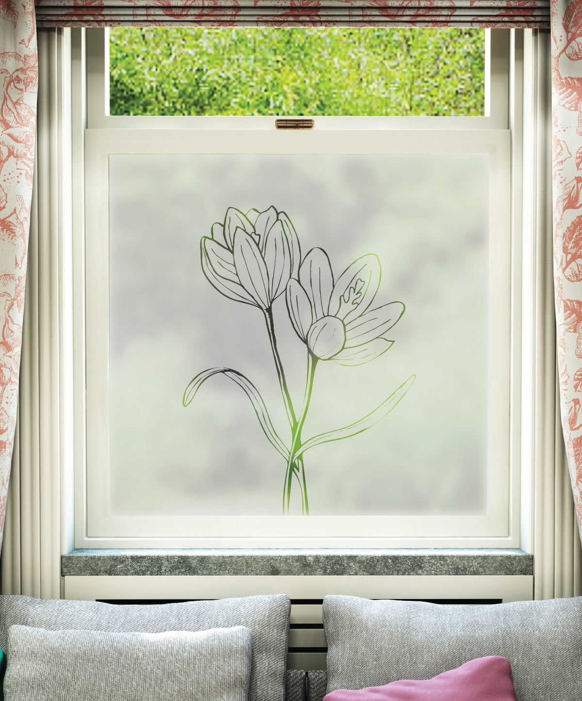 Window film with frosted window film applied, featuring a double crocus cut pattern.