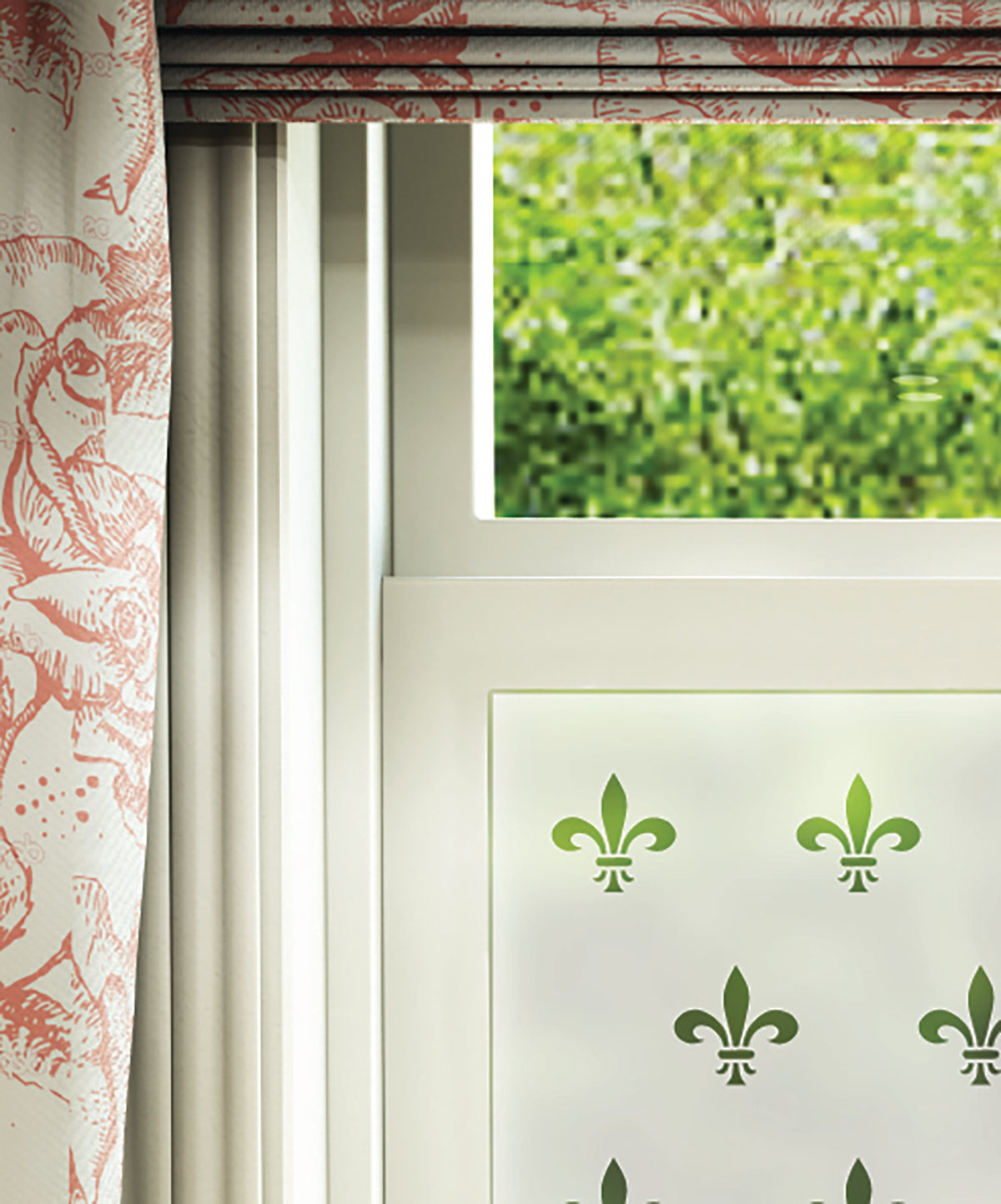 FB040 Frostbrite frosted window film pattern – repeated fleur de lis design close up