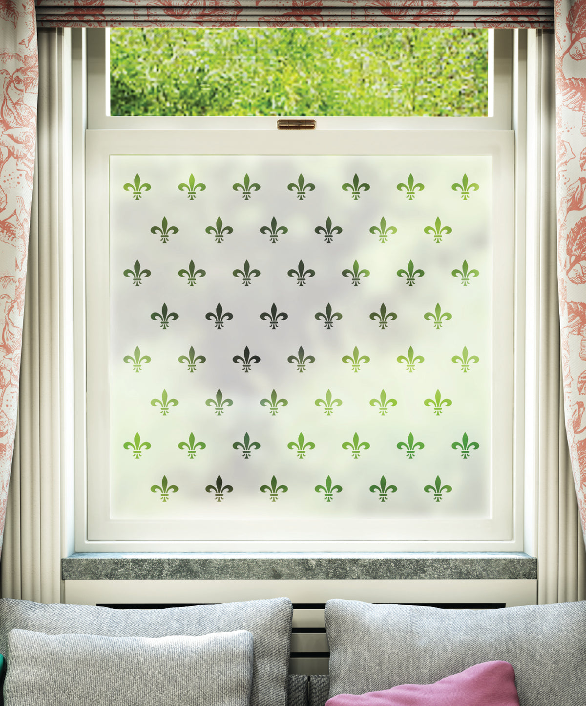 FB040 Frostbrite frosted window film pattern – repeated fleur de lis design
