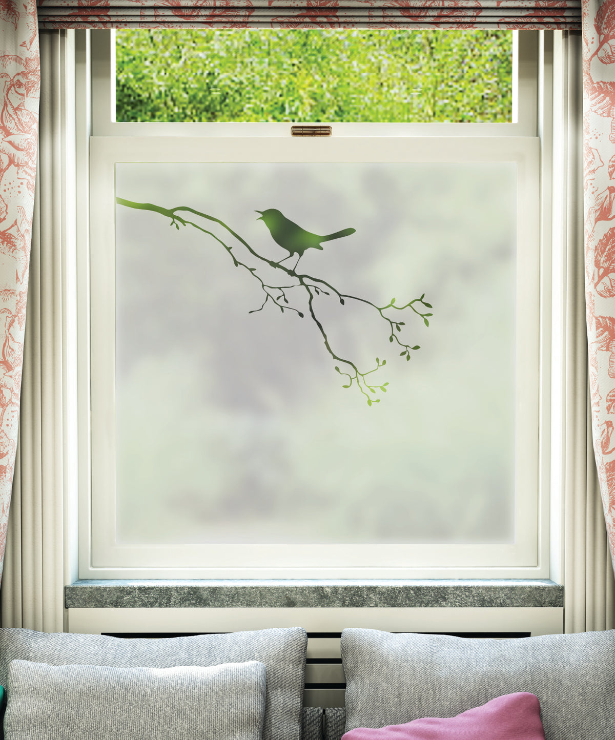 FB072 Frostbrite frosted window film pattern – bird on branch design