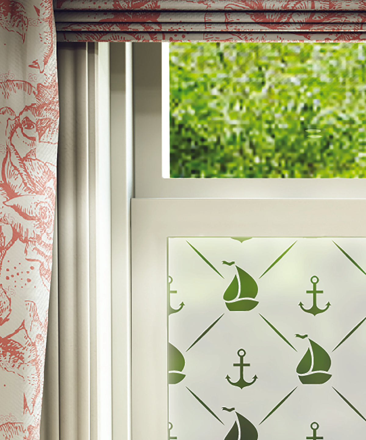 FB126 Frostbrite frosted window film pattern – repeated ships and anchors design close up