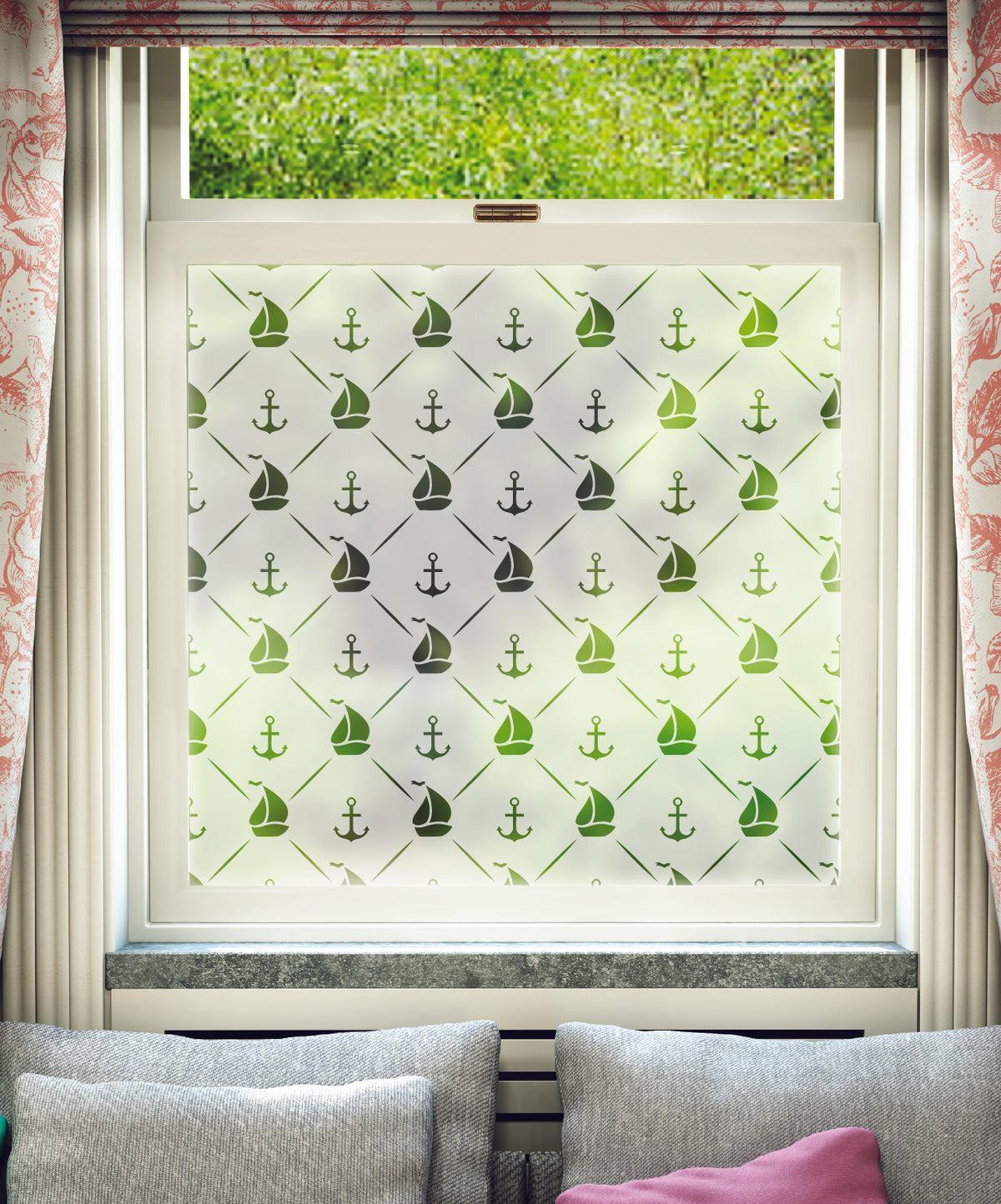 FB126 Frostbrite frosted window film pattern – repeated ships and anchors design