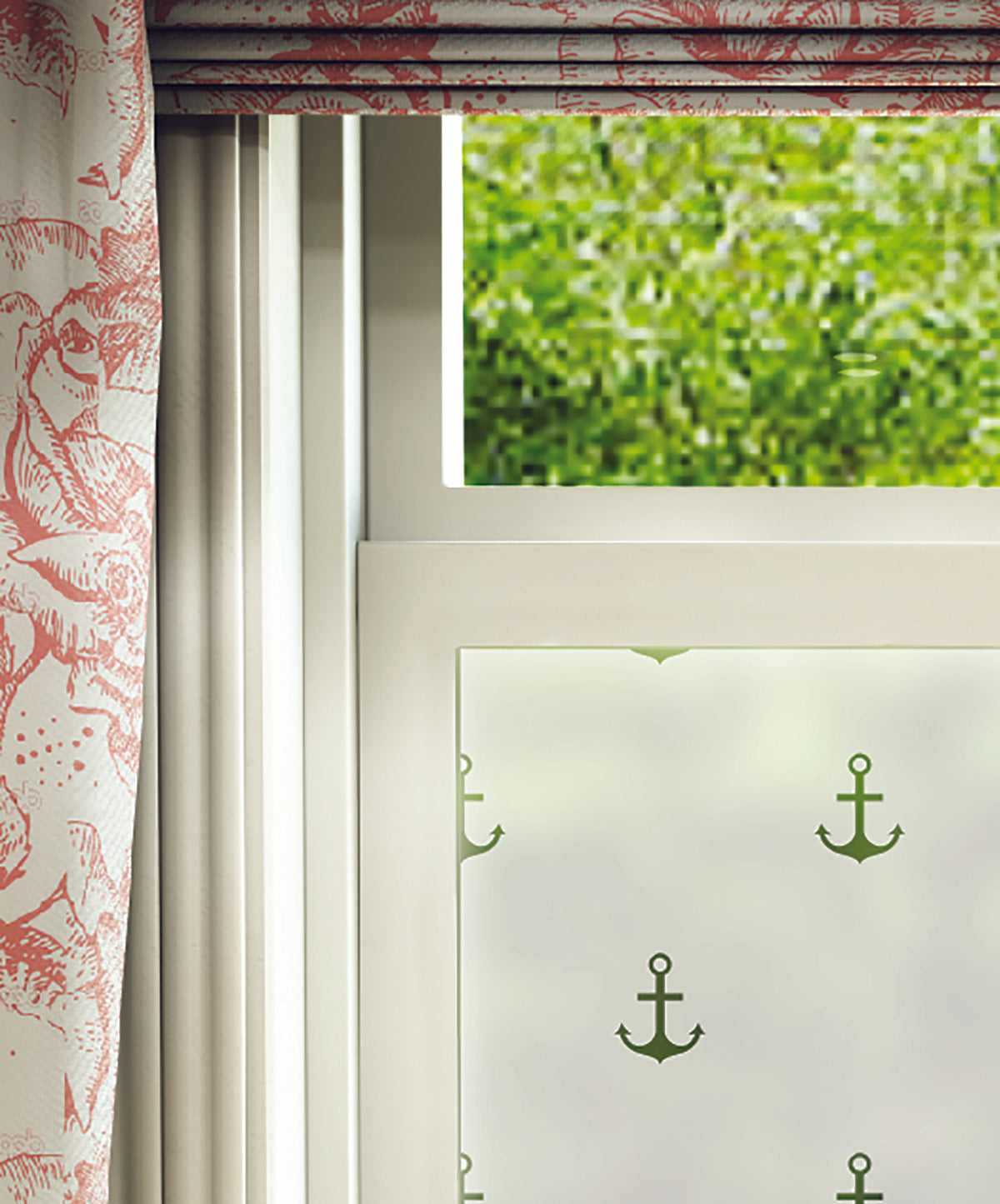 FB127 Frostbrite frosted window film pattern – repeated anchors design close up corner