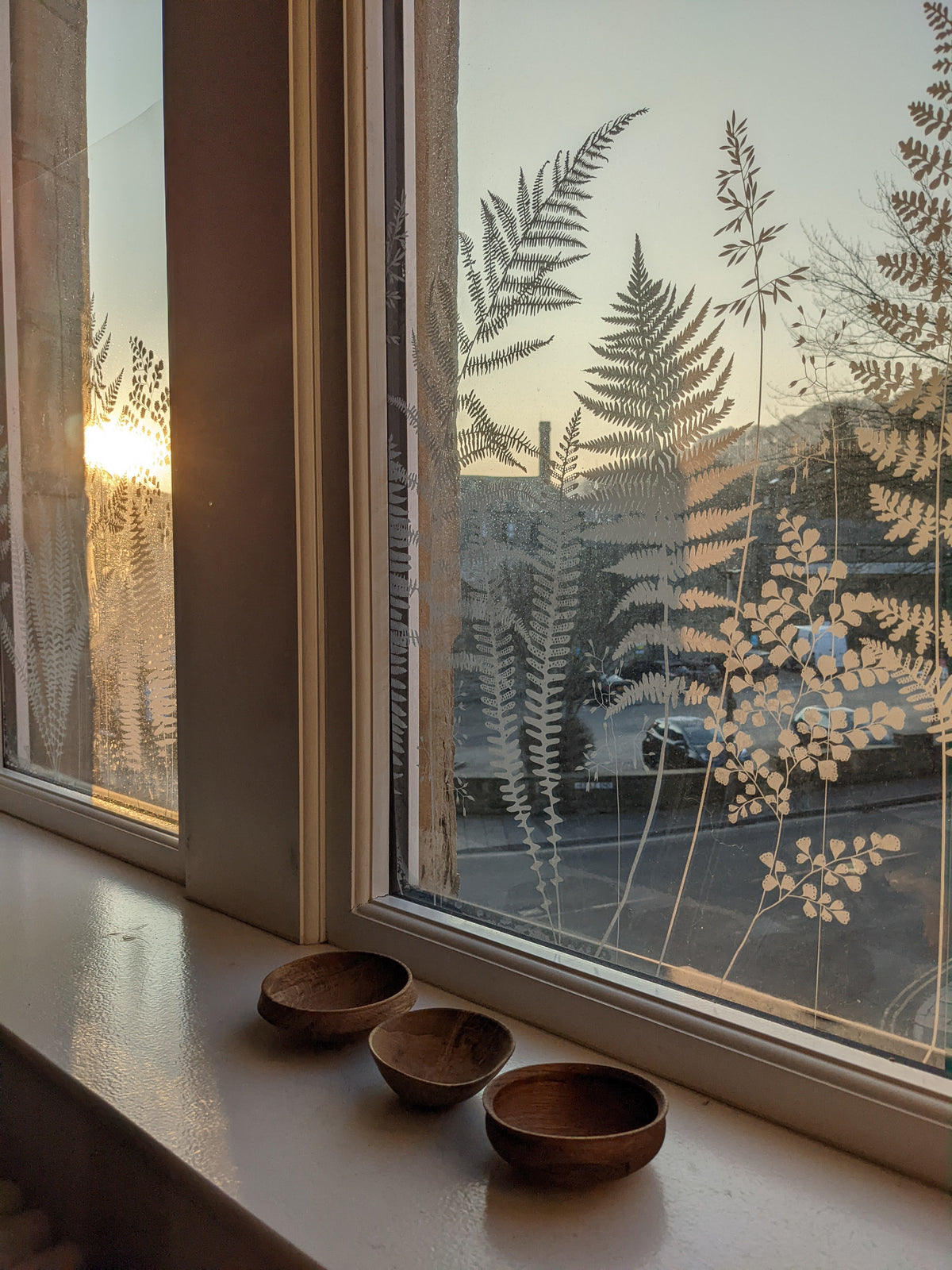 Frosted fern pattern window film applied to glass, with three wooden bowls on the window ledge.  The sun is setting in the distance.